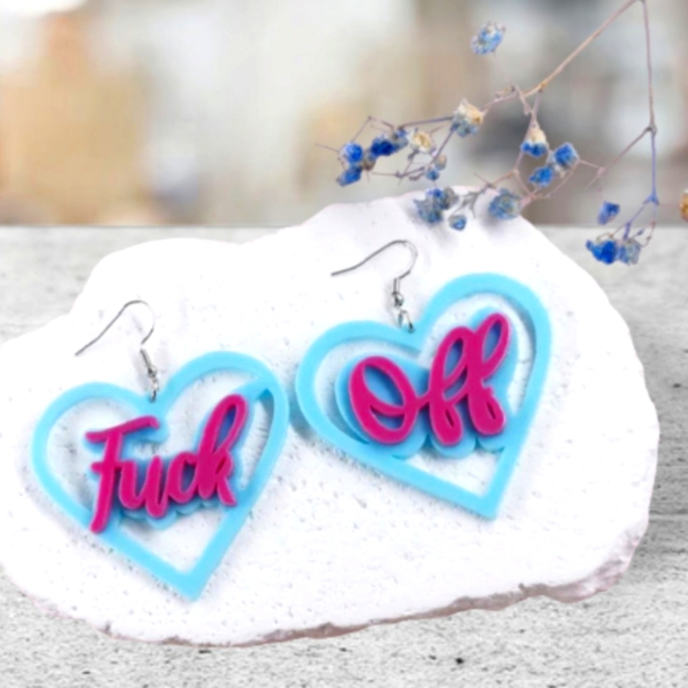 Funny Earrings, F Off Earrings, Heart Earrings